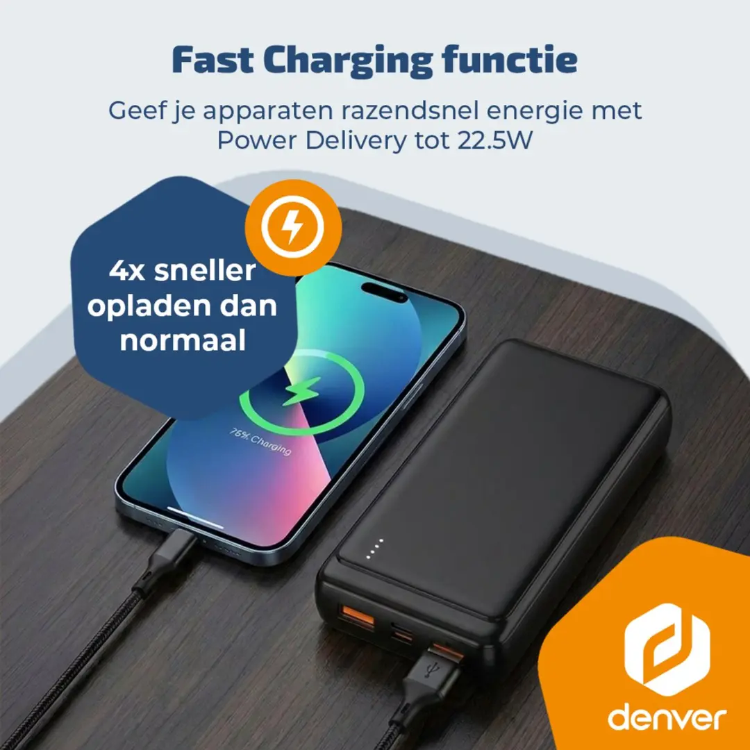 Denver PQC20009 Powerbank 20000mAh - Zwart - afbeelding 6 van 6