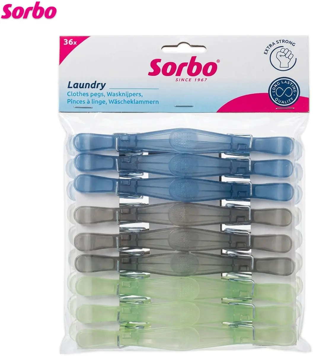 Sorbo Wasknijpers 229116 - 36 Stuks - Blauw/Groen/Grijs