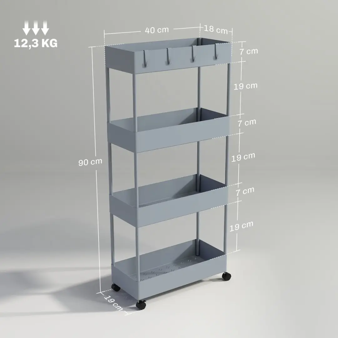 Homcom Keukenwagen - 40L x 19B x 90Hcm - Grijs - afbeelding 6 van 6