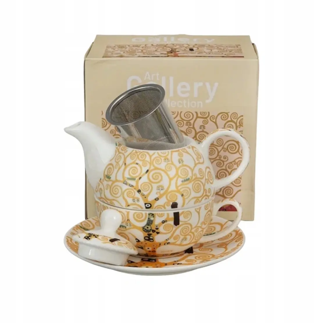 Merkloos Theepot met Kop en Schotel, 350ml, "Tree of Life" Ecru