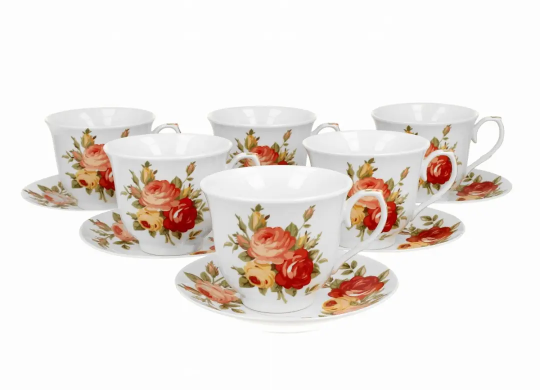 Duo Porseleinen Theekopjes Bloemendesign - 6 Stuks 250ml