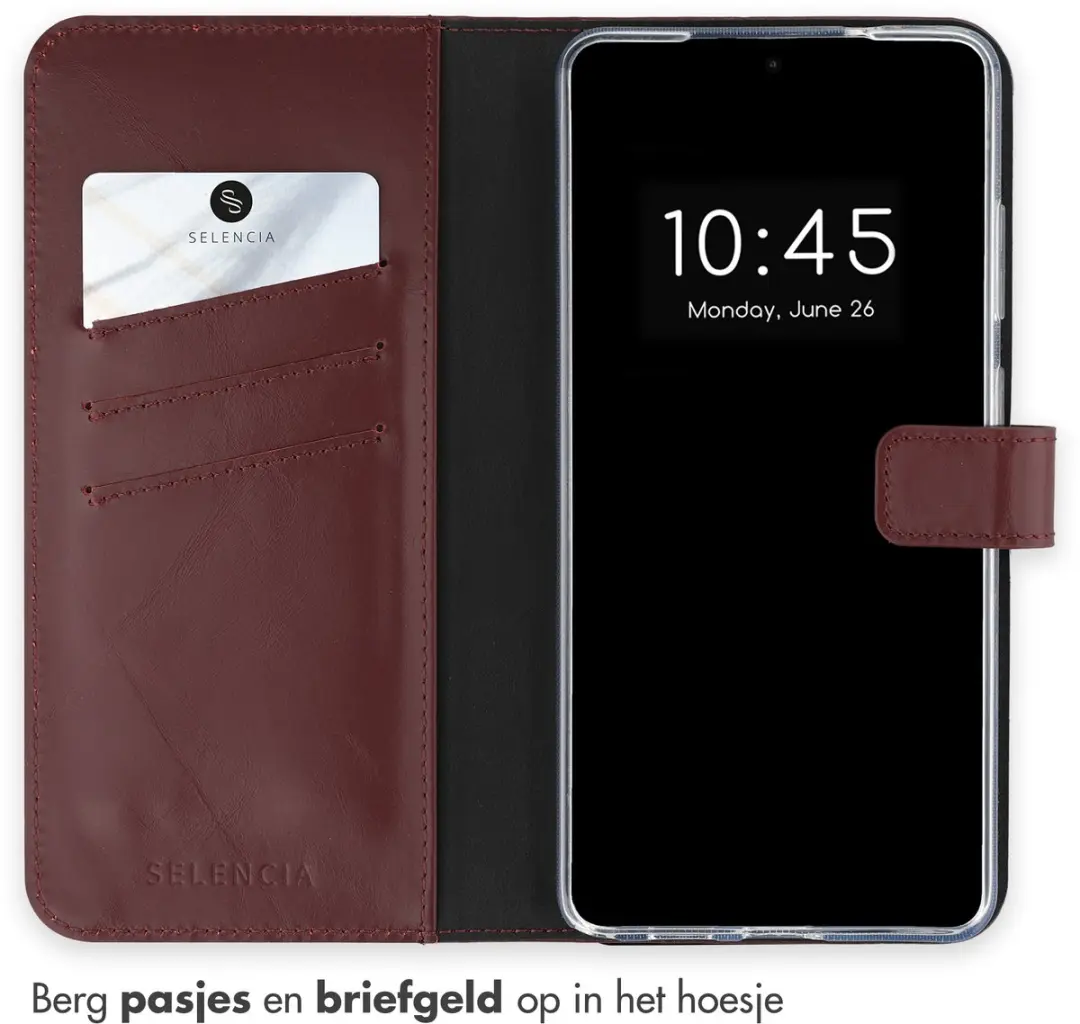 Selencia Hoesje Samsung Galaxy S25 Ultra - Echt Lederen Bookcase 3 Pasjes - Donkerrood
