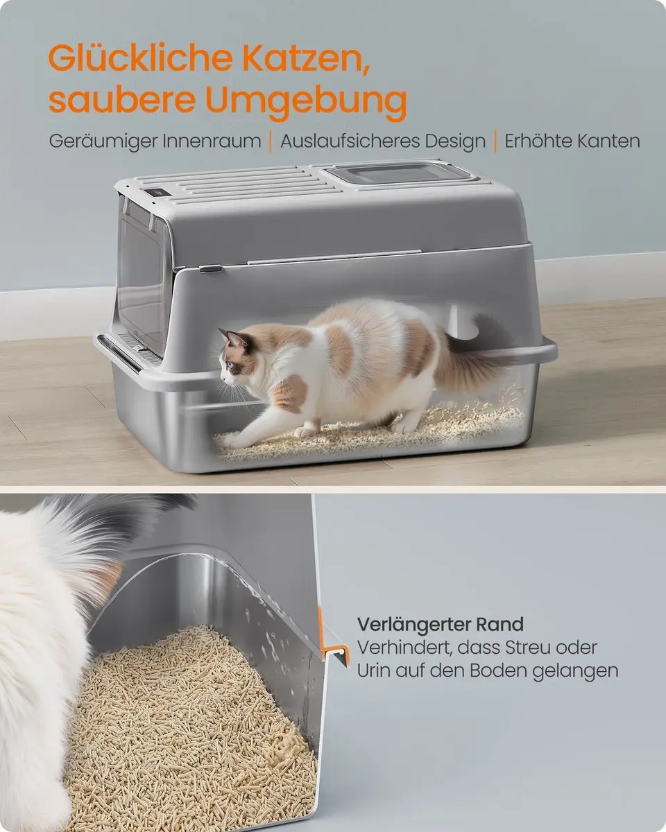Songmics Kattenbak Duifgrijs 60x40x38cm - Roestvrij staal