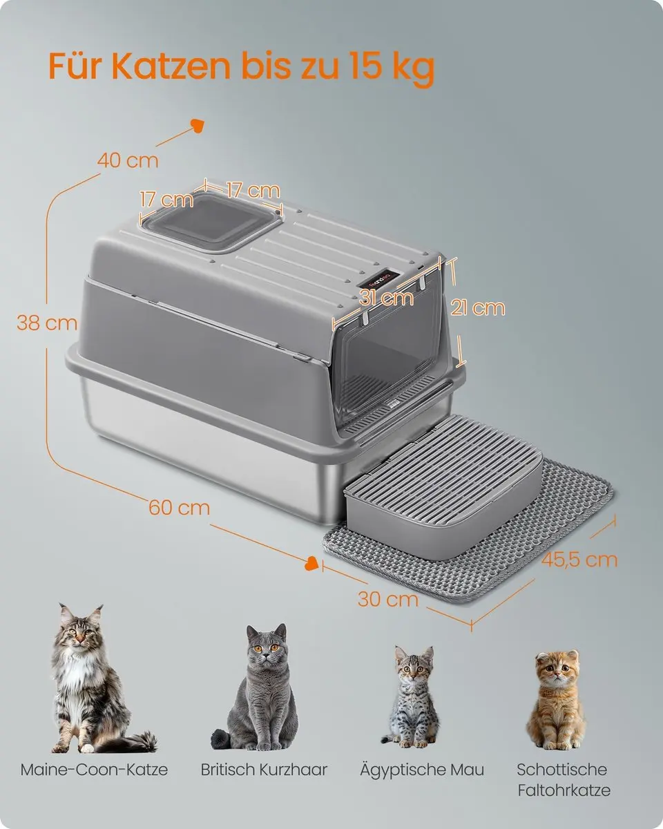 Songmics Kattenbak Duifgrijs 60x40x38cm - Roestvrij staal