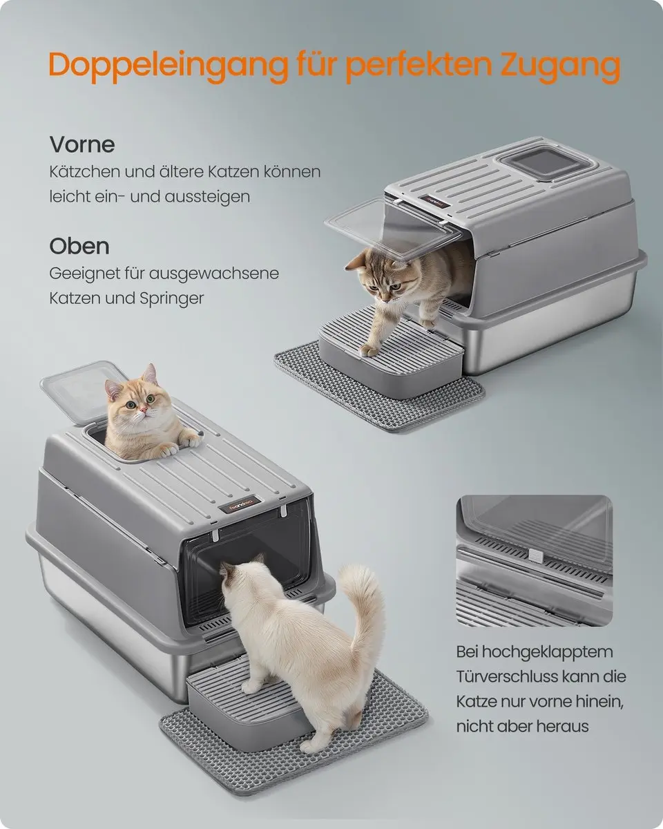 Songmics Kattenbak Duifgrijs 60x40x38cm - Roestvrij staal