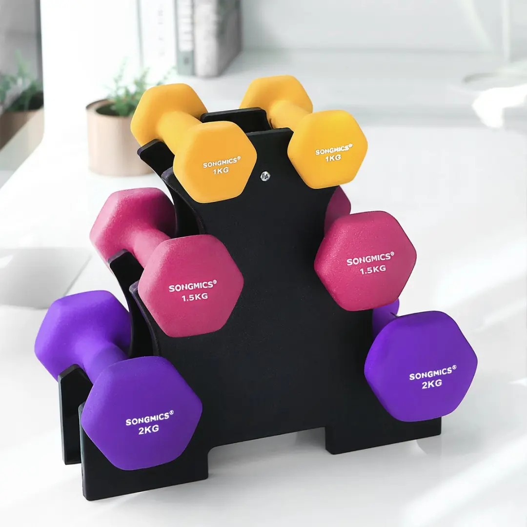 Songmics Halterset 6-delig 9kg - met standaard - Geel/Rozes/Paars