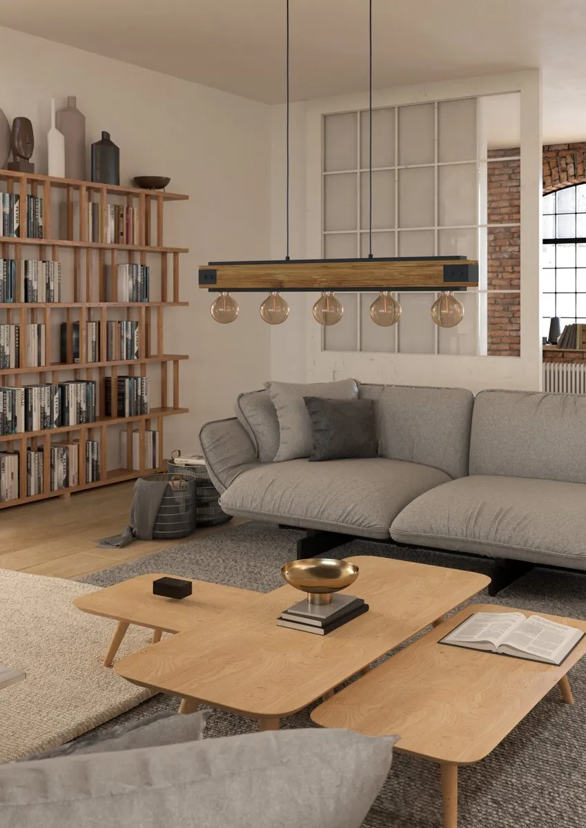 Eglo Layham Hanglamp E27 96cm - Hout/Staal - 5 Lichtpunten