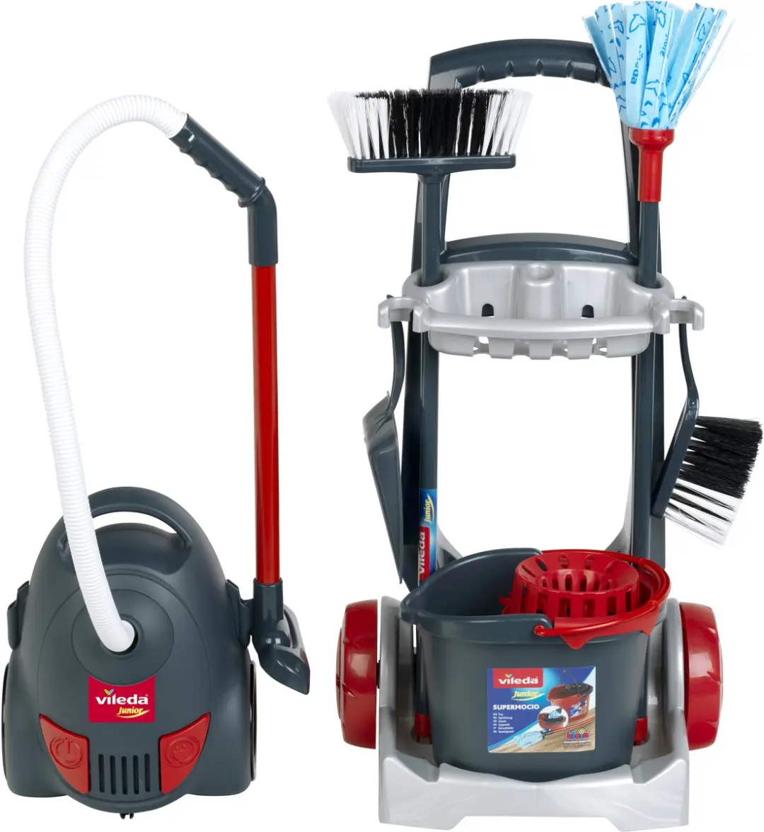 Klein Toys Vileda Schoonmaaktrolley - Speelgoedstofzuiger - Donkergrijs/Rood