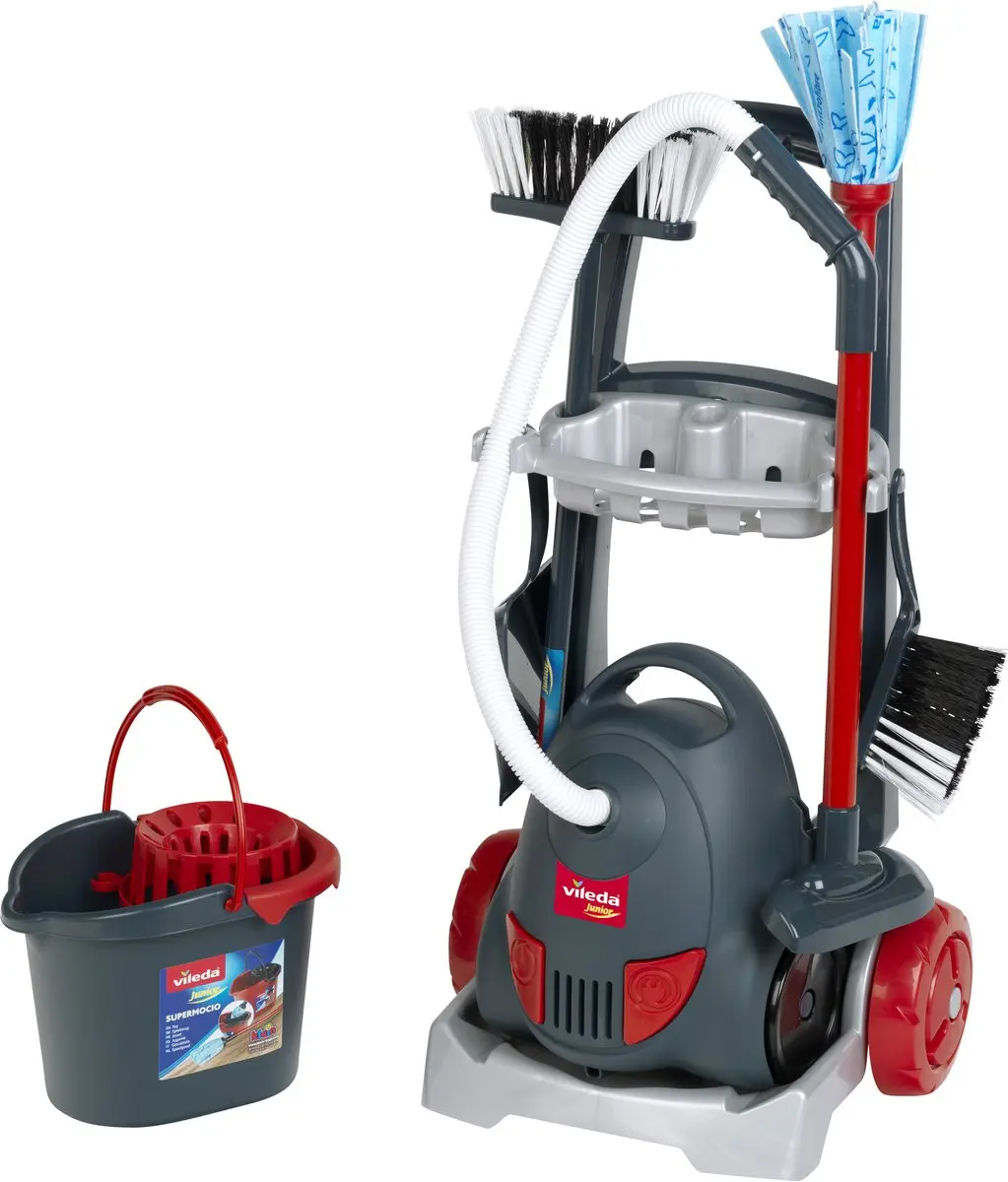 Klein Toys Vileda Schoonmaaktrolley - Speelgoedstofzuiger - Donkergrijs/Rood