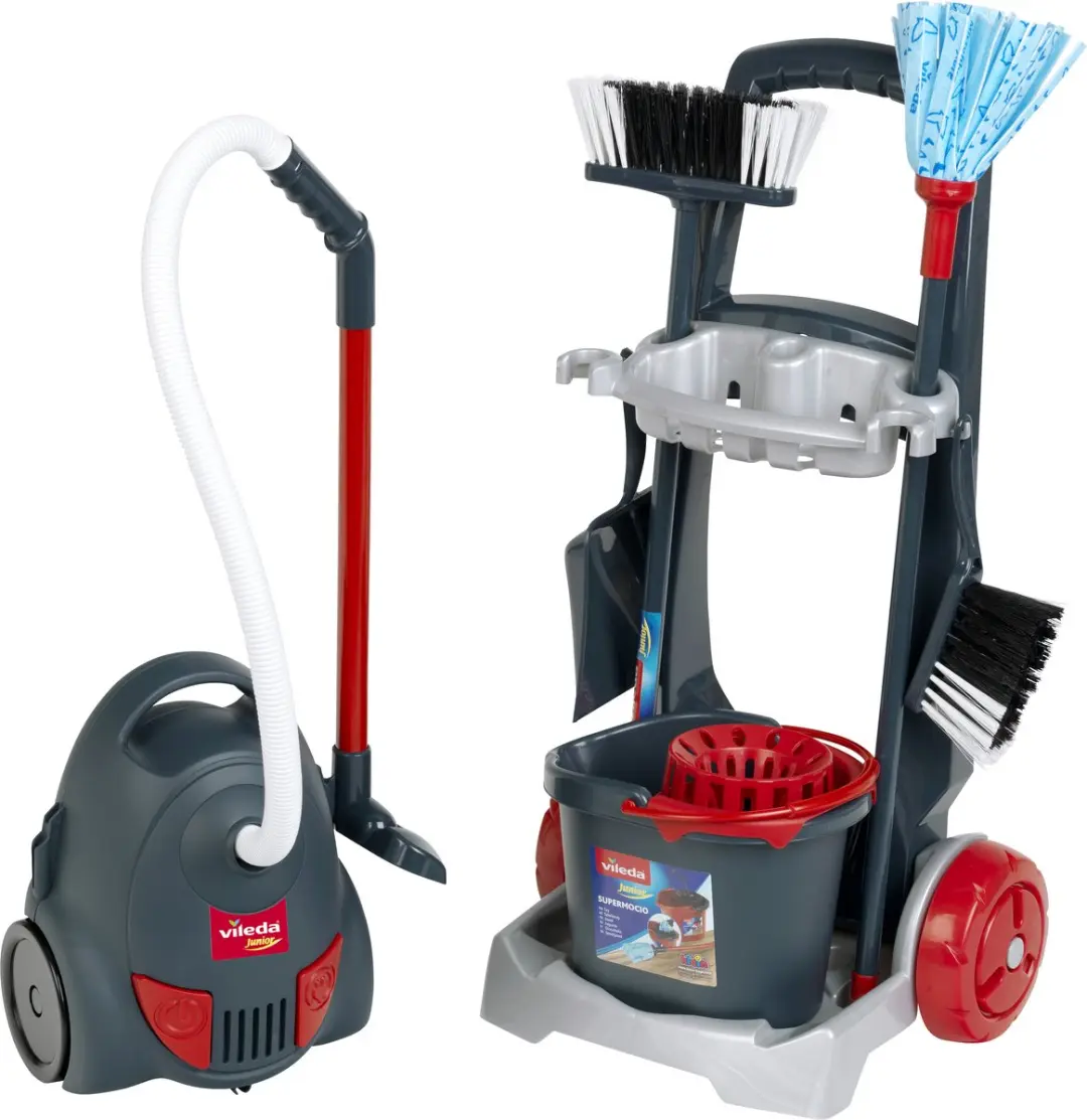 Klein Toys Vileda Schoonmaaktrolley - Speelgoedstofzuiger - Donkergrijs/Rood