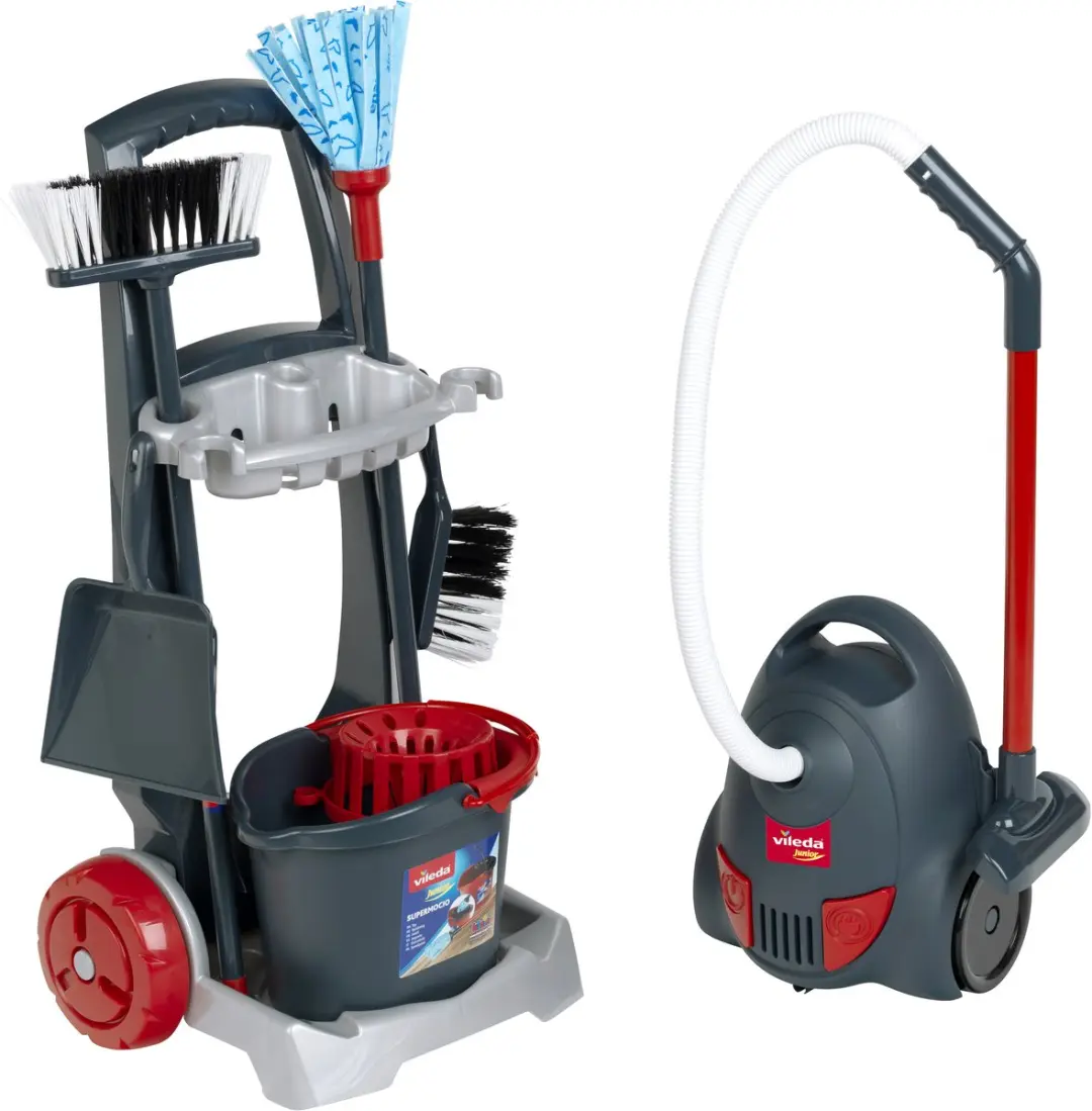 Klein Toys Vileda Schoonmaaktrolley - Speelgoedstofzuiger - Donkergrijs/Rood - afbeelding 6 van 6