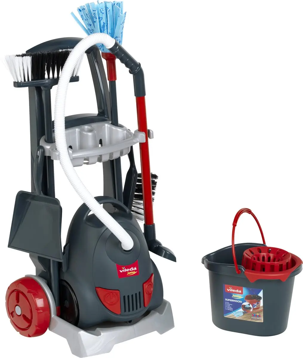 Klein Toys Vileda Schoonmaaktrolley - Speelgoedstofzuiger - Donkergrijs/Rood