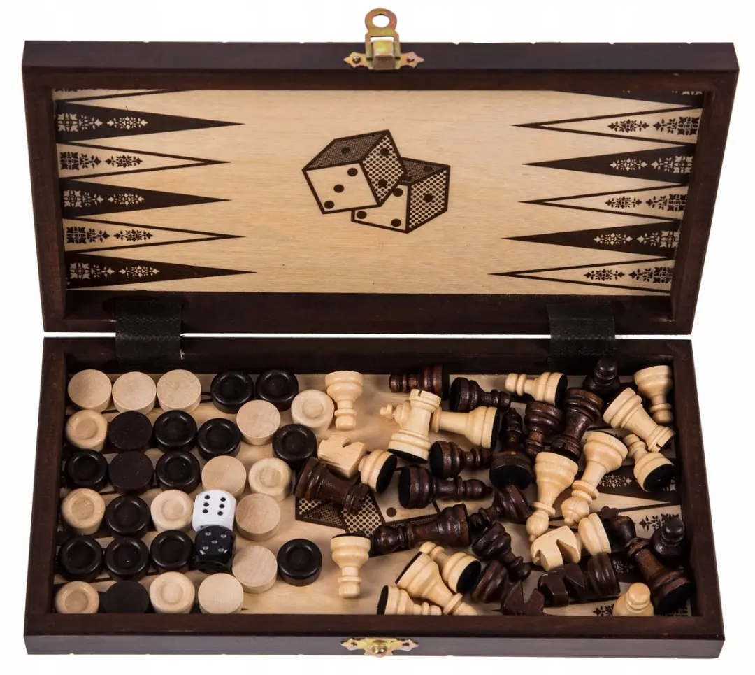 Square Enix LION Mini 3-in-1 Houten Spel - Schaak/Dammen/Backgammon 26,5cm