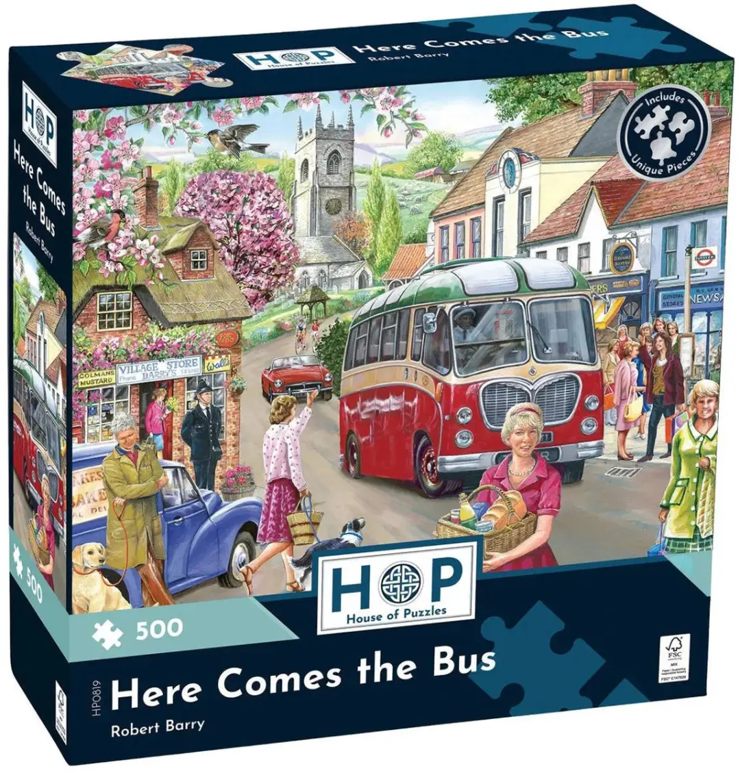 The House of Puzzles Here Comes the Bus 500 Piece Puzzle.