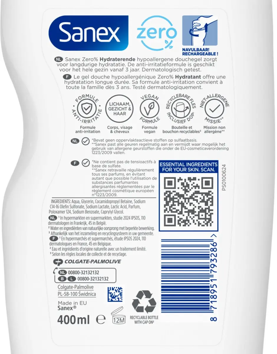 Sanex Zero% Hydrating Douchegel - 6x400ml