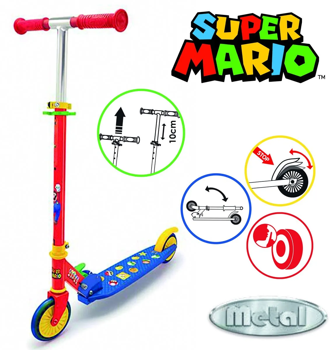 Smoby Super Mario Plooibare Scooter - Stuur verstelbaar - 50kg - Blauw/Rood/Geel - afbeelding 4 van 6