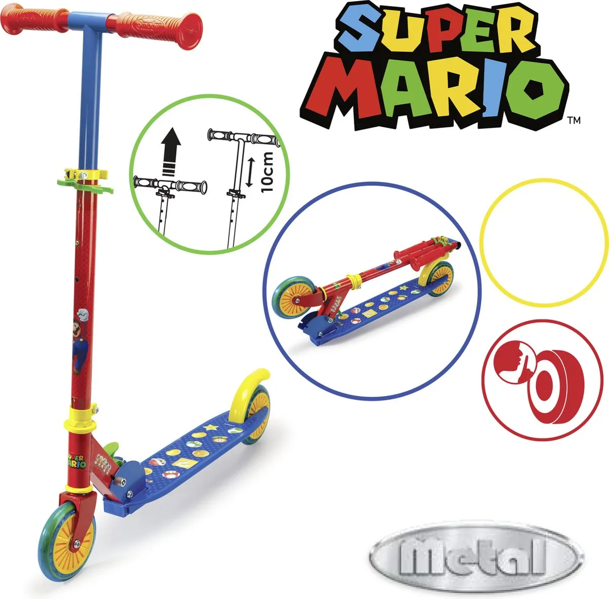 Smoby Super Mario Plooibare Scooter - Stuur verstelbaar - 50kg - Blauw/Rood/Geel - afbeelding 2 van 6