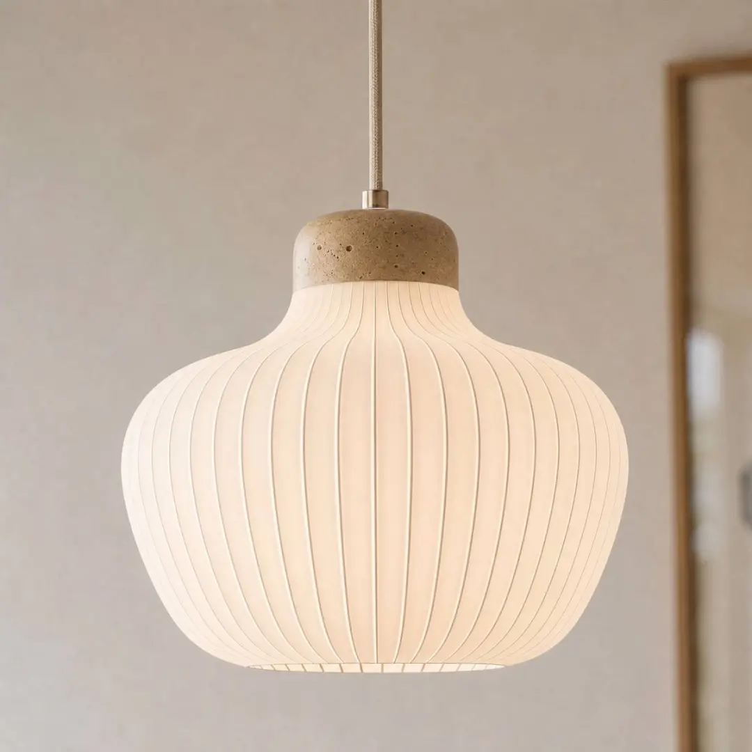 Lucande Hanglamp Textiel Beton 1 Licht - 30cm - E27 - Wit/Beige