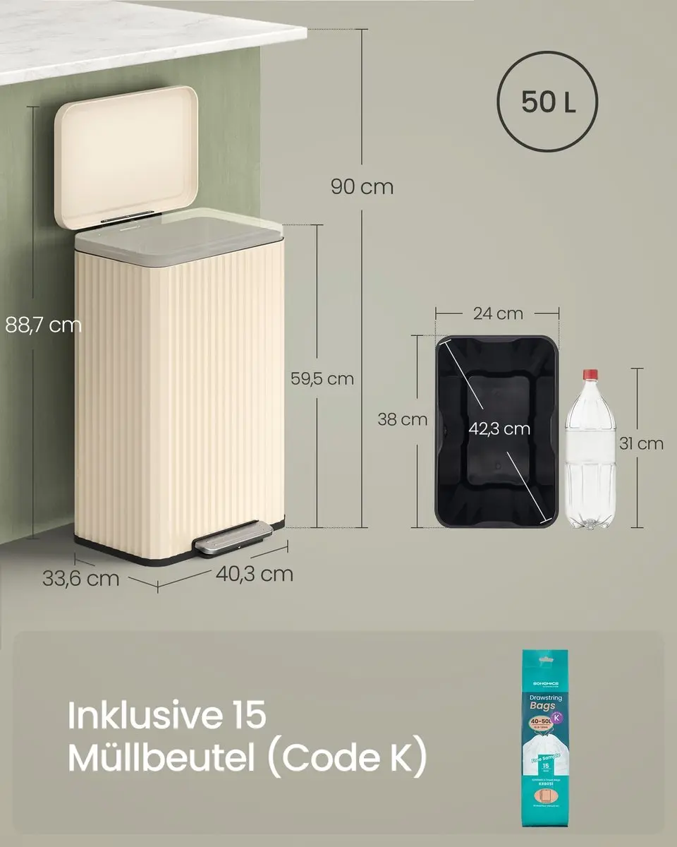 Songmics Prullenbak met pedaal 50L - Crèmewit - afbeelding 5 van 6