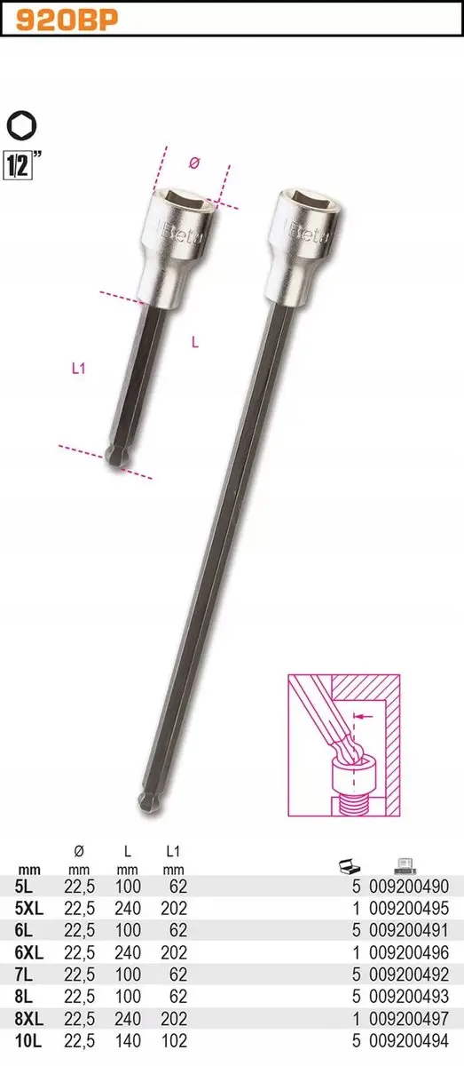 Beta Kogelkop Dopsleutel 1/2" 5x100mm - Zeskant