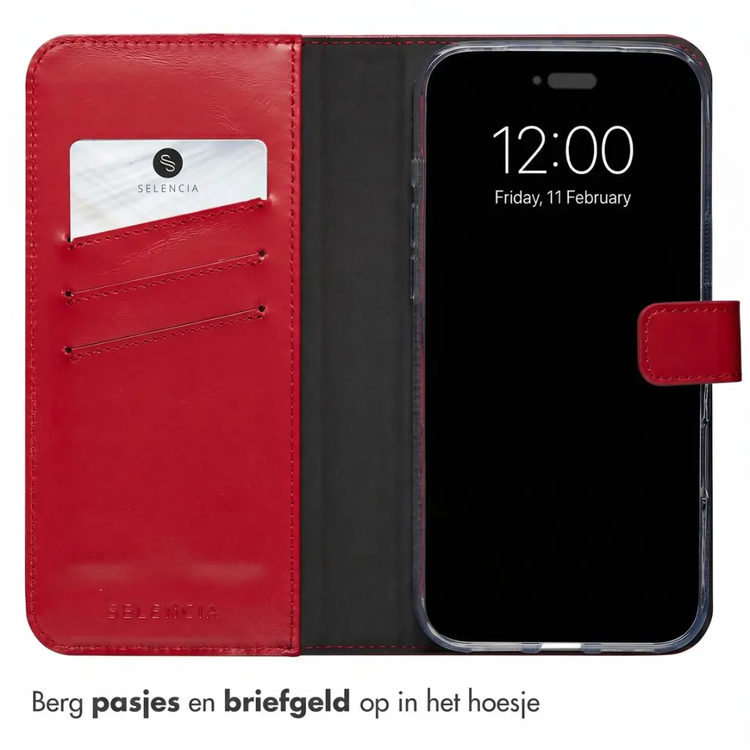 Selencia Hoesje iPhone 17 Pro - Rood Lederen Bookcase - 3 Pasjes