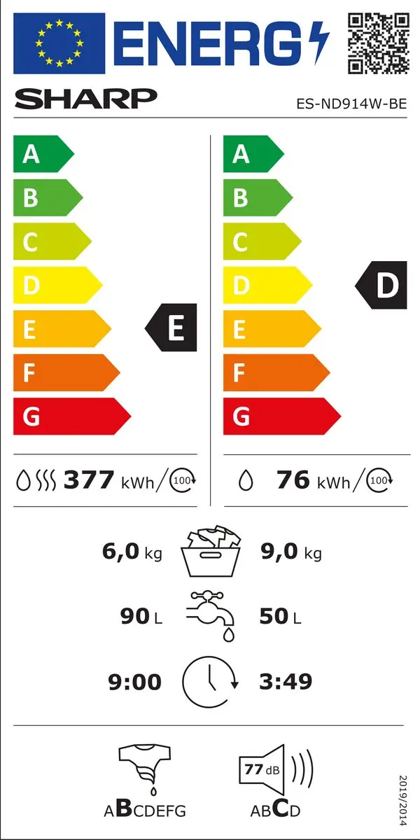 Sharp ESND914WDBE Was-droogcombinatie 9/6 kg - Wit - afbeelding 2 van 6