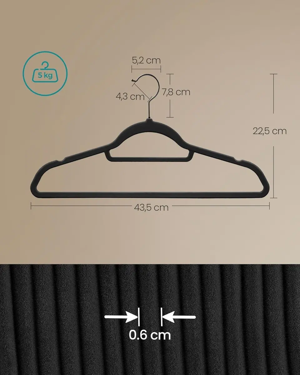 Songmics Kleerhangers Fluweel 50 Stuks - 43,5 cm - Zwart - afbeelding 6 van 6
