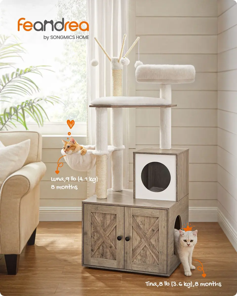 Songmics Krabpaal Hout Grijsbeige - 2-in-1 Kattenbak