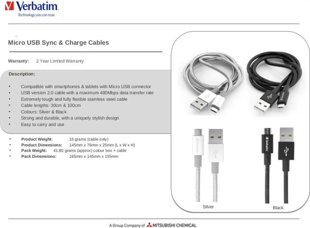 Verbatim Micro USB Kabel Sync&Charge 30cm - 2 Stuks