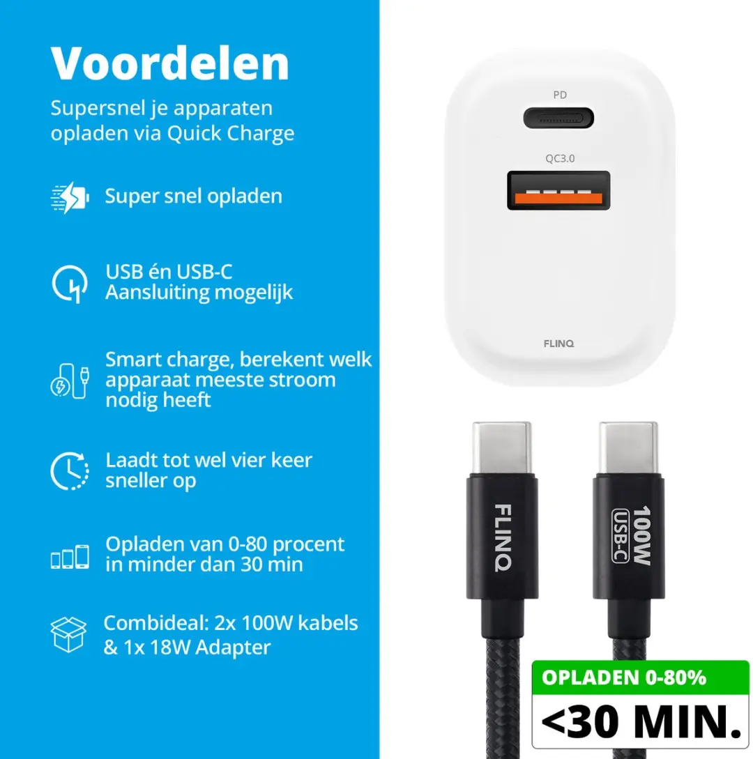 FlinQ 2x USB-C Kabel 100W + Adapter 18W - 3 Stuks