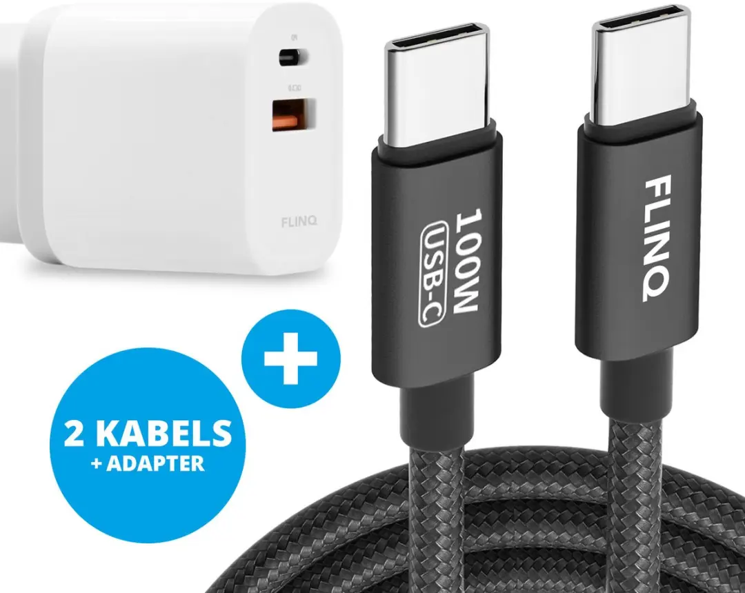 FlinQ 2x USB-C Kabel 100W + Adapter 18W - 3 Stuks