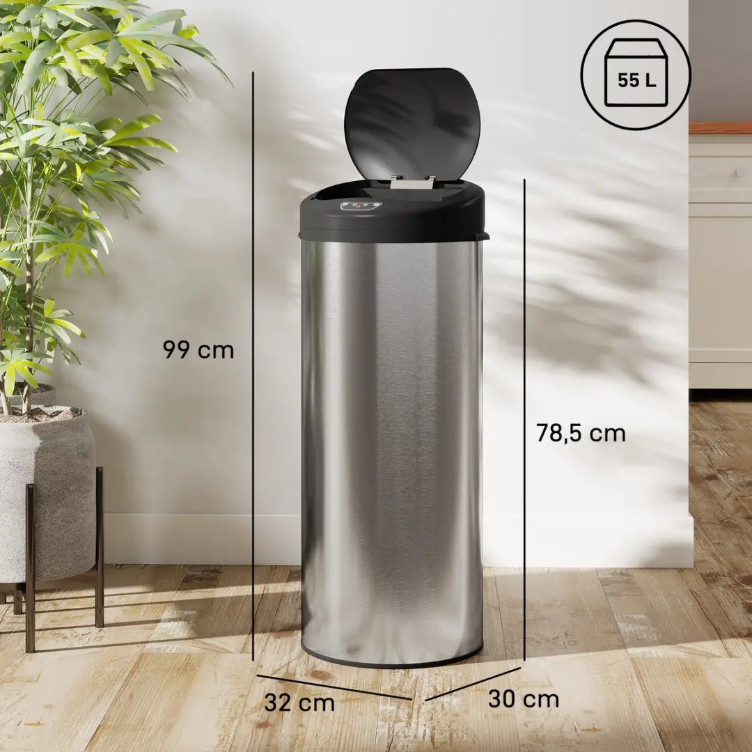 Homcom Sensor Prullenbak 55L - 32x30x78,5cm Zilver - afbeelding 6 van 6