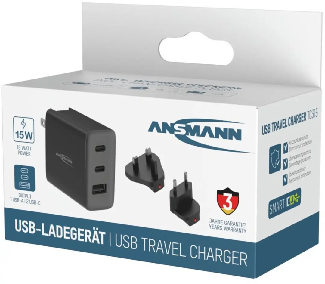 Ansmann TC315 USB-Ladegerät 3 Port - 15,5W - Zwart