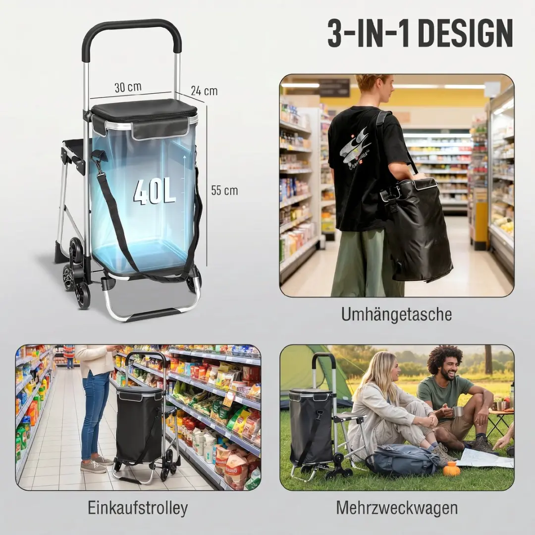Homcom 3-in-1 Boodschappentrolley 40L - Donkergrijs - afbeelding 5 van 6