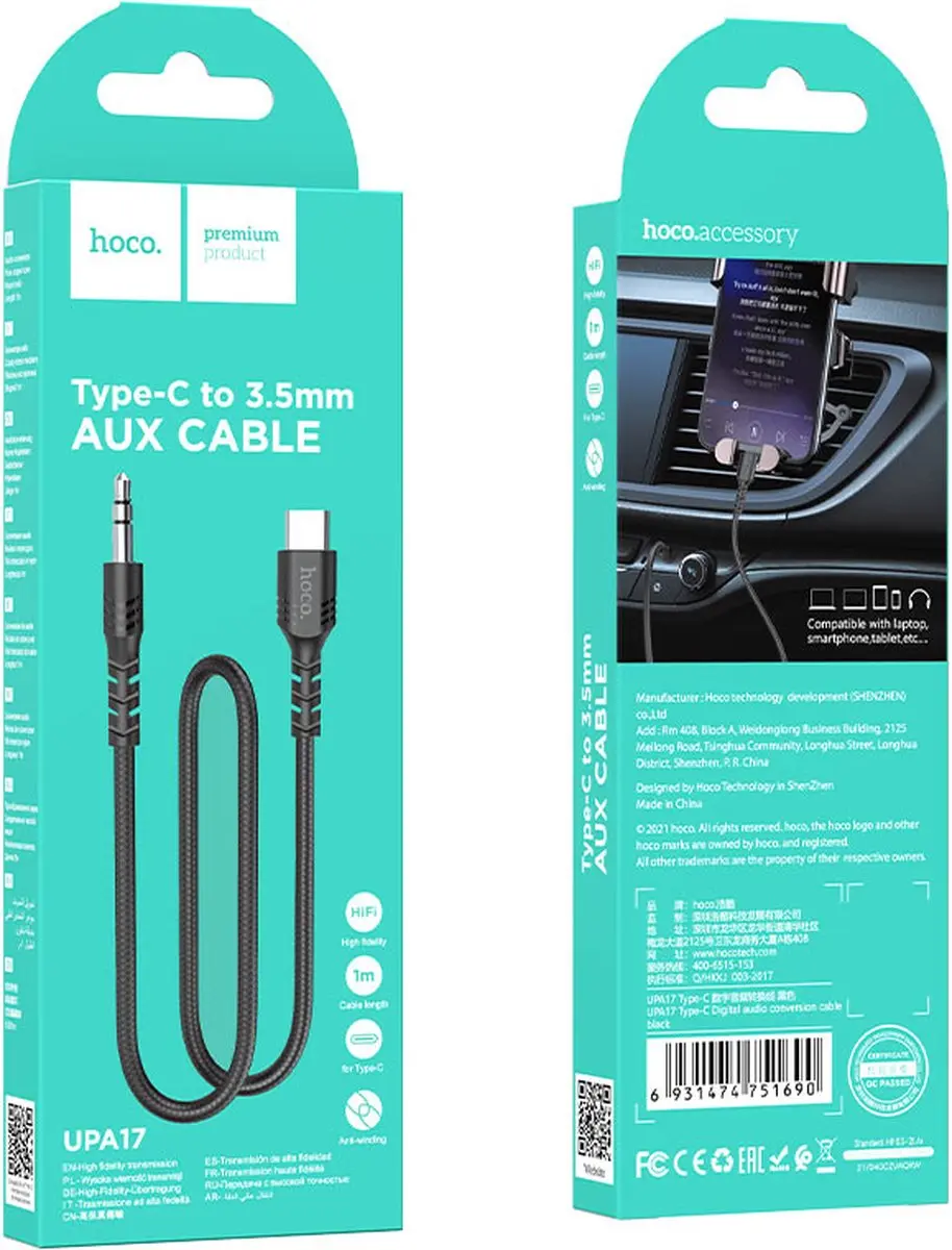 Hoco UPA17 USB-C Audio Kabel 3,5mm - 1m - Zwart