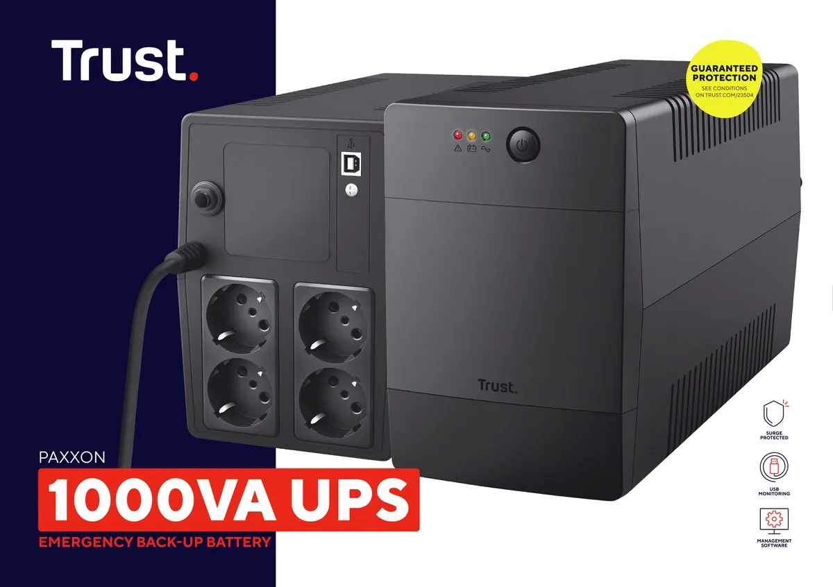 Trust Paxxon 1000VA UPS - 600W - 4 Stopcontacten - Zwart - afbeelding 6 van 6