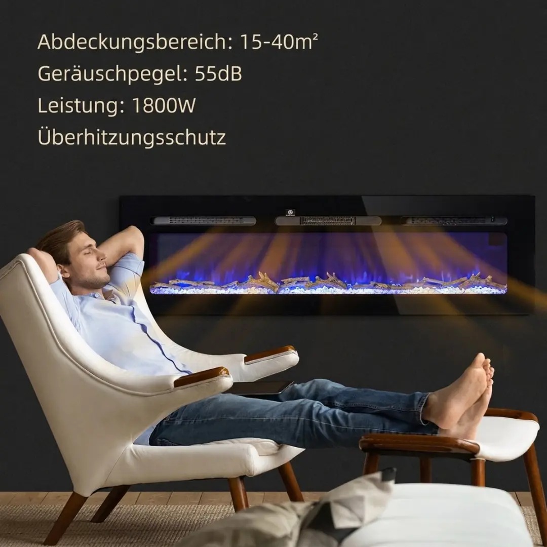 Homcom Electric Fireplace Hartglas 152x16x45cm - Zwart - afbeelding 5 van 6