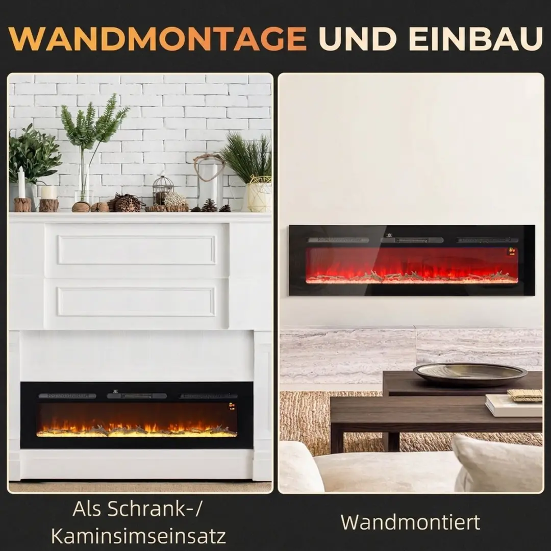 Homcom Electric Fireplace Hartglas 152x16x45cm - Zwart - afbeelding 3 van 6
