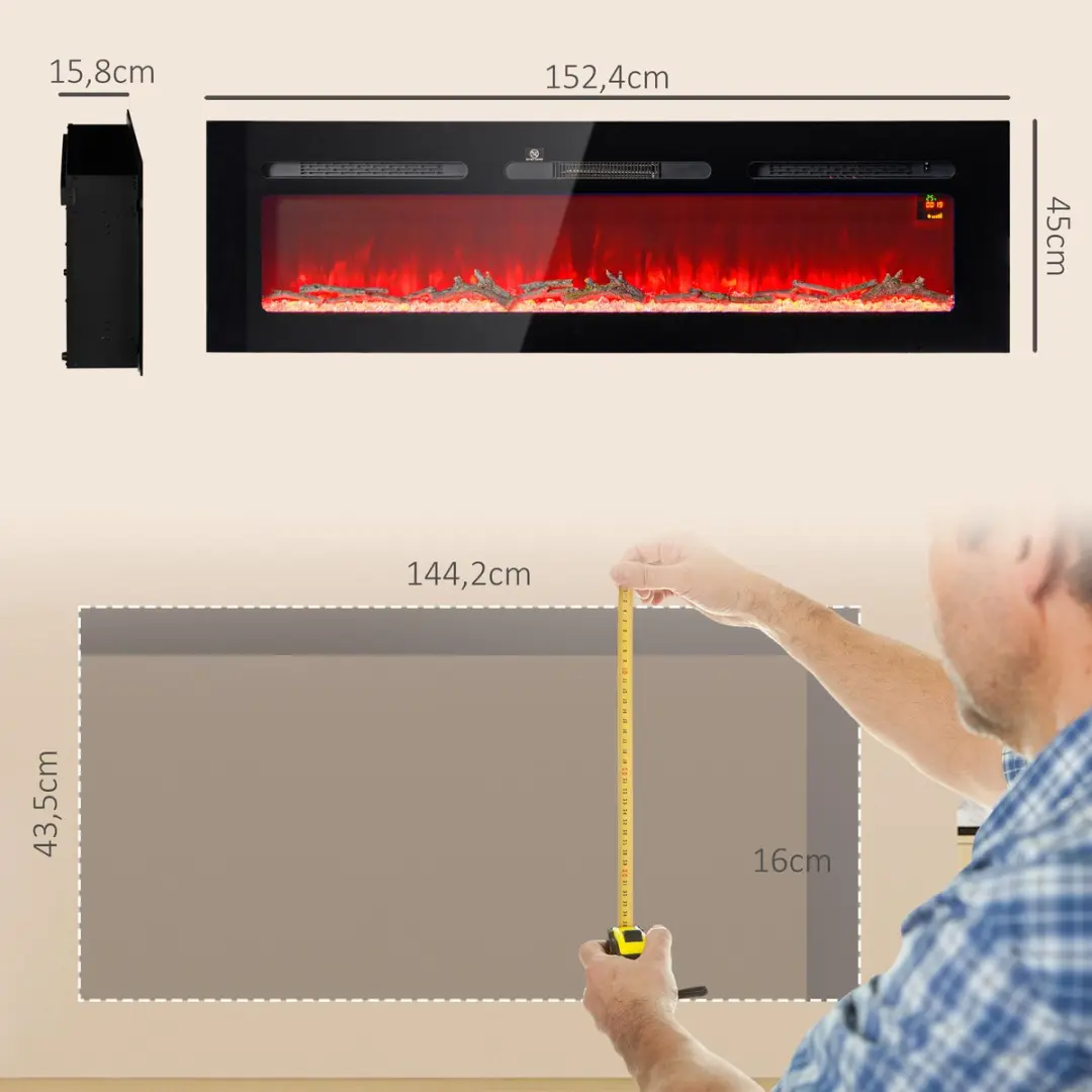 Homcom Electric Fireplace Hartglas 152x16x45cm - Zwart - afbeelding 4 van 6