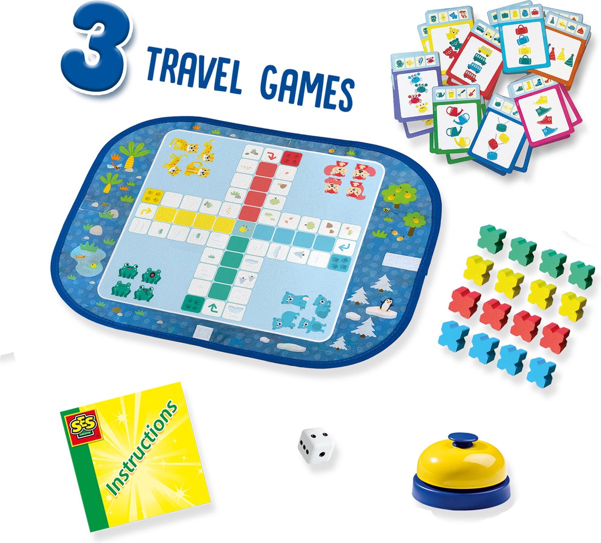 SES - Wrap&Go reisspellen - Ludo - Kwartet - Speed blocks - 3 in 1 - travel size - speelbord is de bewaartas - houten onderdelen