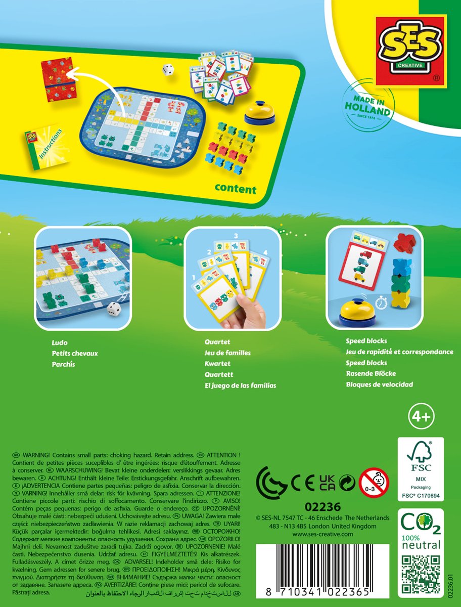 SES - Wrap&Go reisspellen - Ludo - Kwartet - Speed blocks - 3 in 1 - travel size - speelbord is de bewaartas - houten onderdelen
