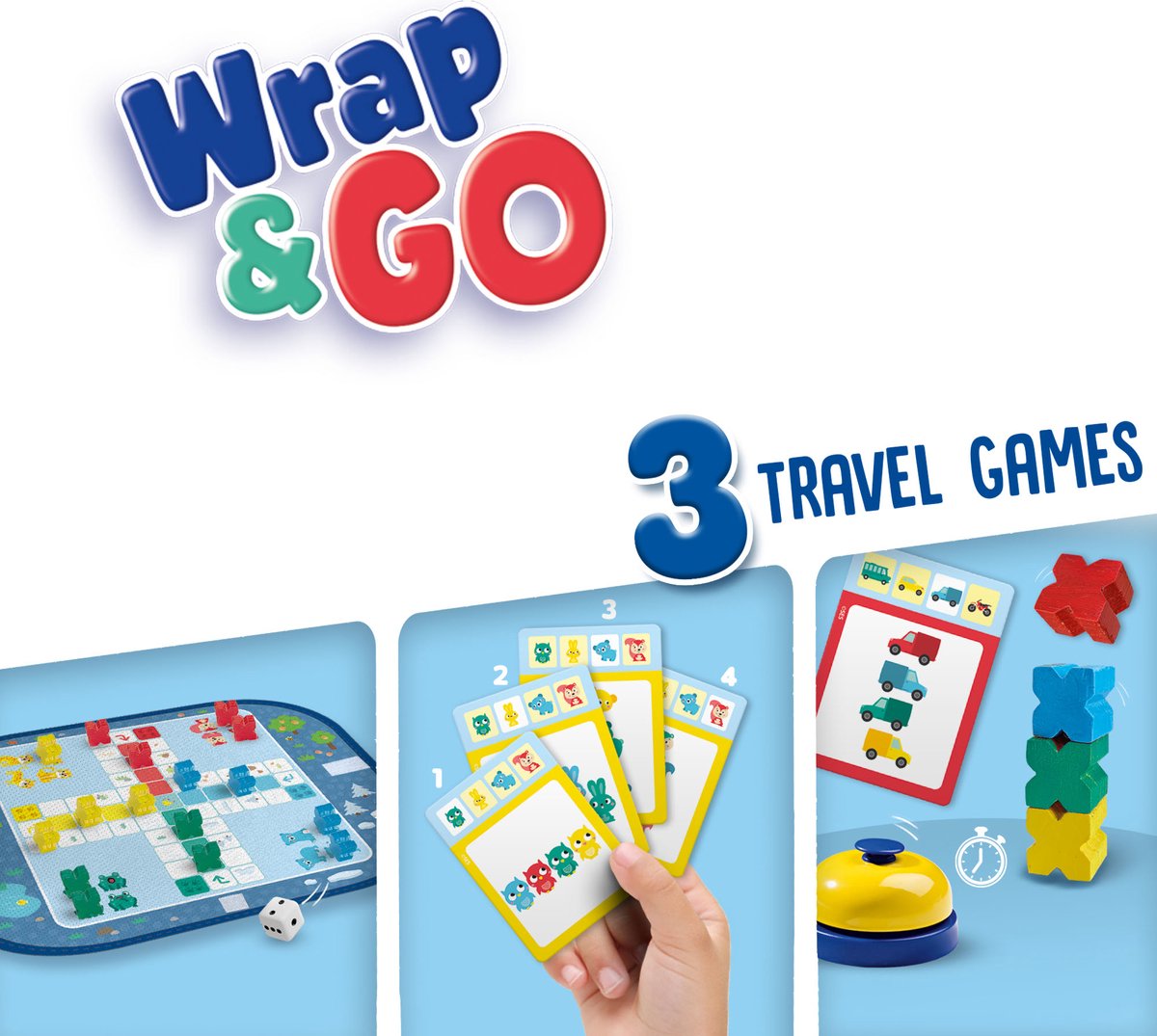 SES - Wrap&Go reisspellen - Ludo - Kwartet - Speed blocks - 3 in 1 - travel size - speelbord is de bewaartas - houten onderdelen