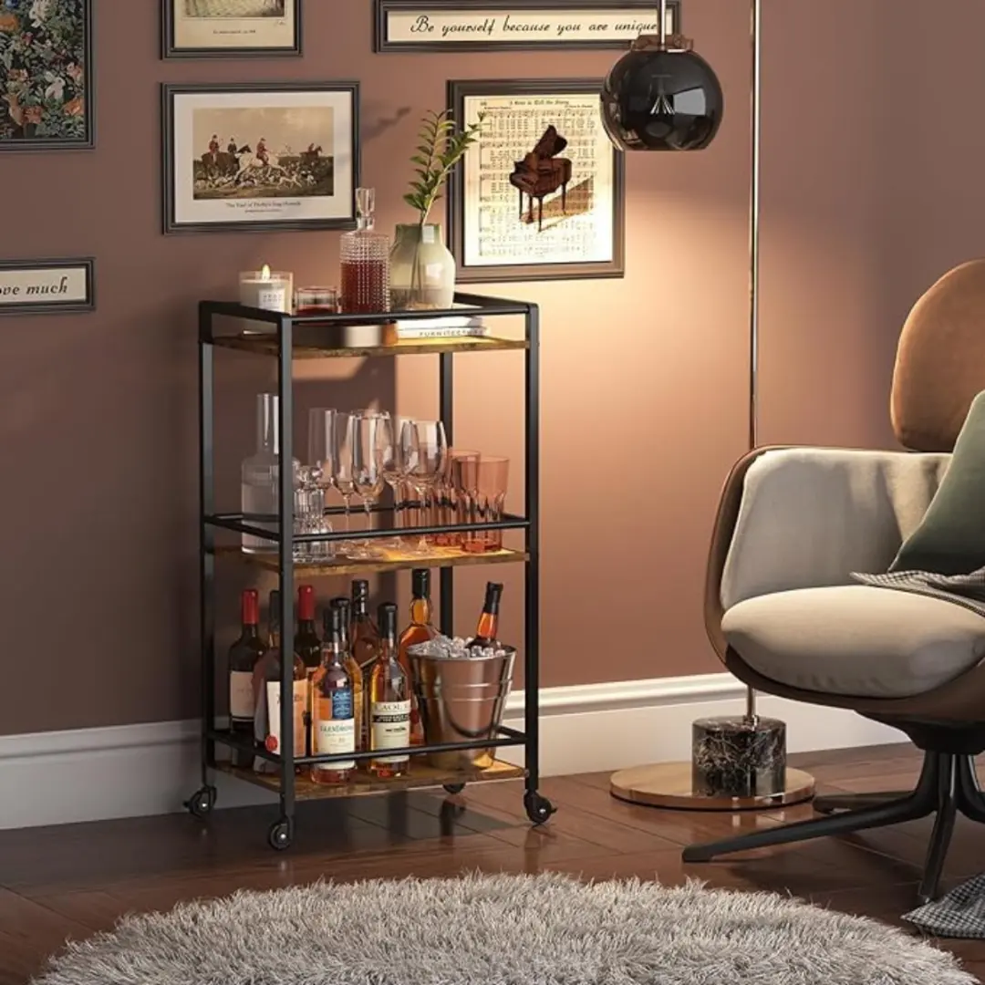 Multifunctionele Drank Trolley – Serveerwagen – Bar Cart – 3 Laags – Extra Stevig – Vernieuwd Design – Rustiek Bruin