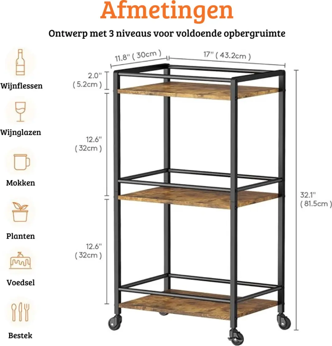 Multifunctionele Drank Trolley – Serveerwagen – Bar Cart – 3 Laags – Extra Stevig – Vernieuwd Design – Rustiek Bruin