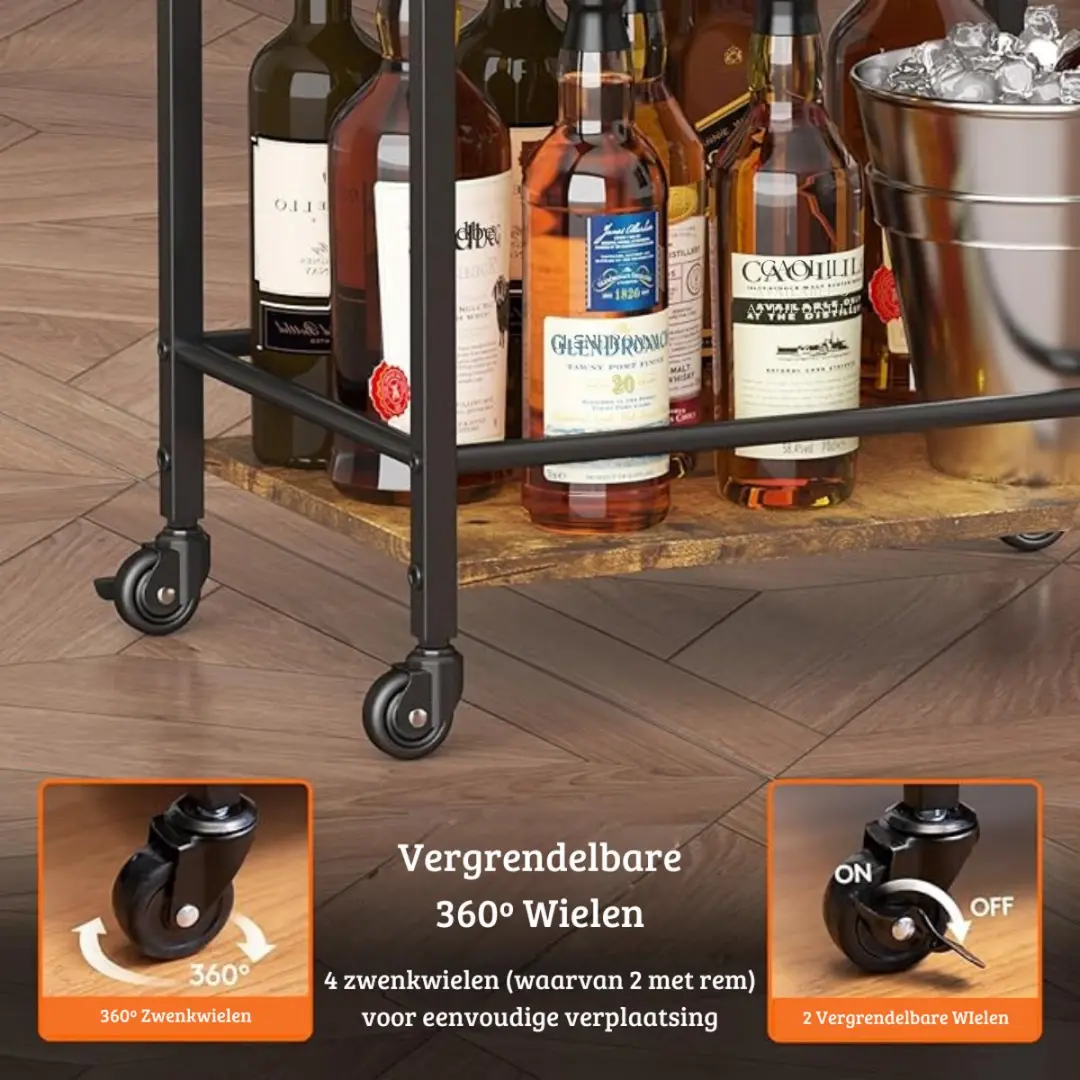 Multifunctionele Drank Trolley – Serveerwagen – Bar Cart – 3 Laags – Extra Stevig – Vernieuwd Design – Rustiek Bruin