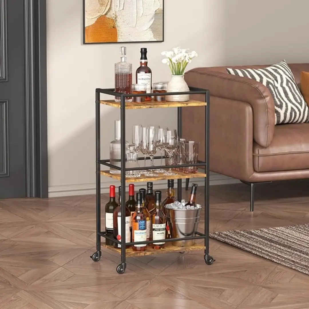 Multifunctionele Drank Trolley – Serveerwagen – Bar Cart – 3 Laags – Extra Stevig – Vernieuwd Design – Rustiek Bruin