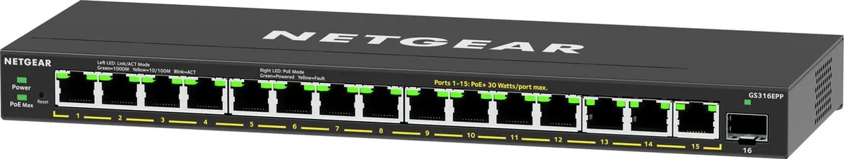 Netgear GS316EPP Managed Switch 16 PoE-poorten - 28 Gbps