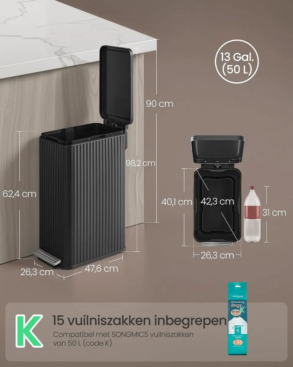 Songmics PATIA Afvalemmer Keuken 50L - Zwart