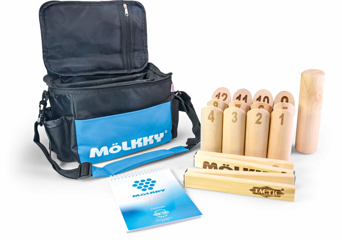 Tactic Mölkky Tournament Set Deluxe – Vang- en Werpspel - Origineel Fins Houten Werpspel In Luxe Sporttas – Duurzaam Berkenhout – Met Gratis Score-App - Inclusief Mölkkaari Werpboog - Inclusief Luxe Draagtas