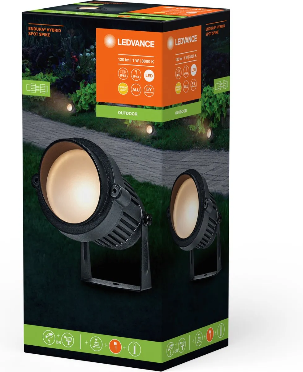 LEDVANCE ENDURA HYBRID SPOT SPIKE buitenlant., hybrideverl., 1W, 60lm, warm witte lichtkleur, 3.000K kleurtemperatuur, zwart, aluminium, beschermingsklasse IP44 en IP67, zonne-energie en netvoeding
